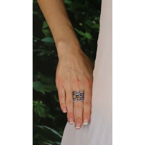 Sterling Silver Amethyst, Peridot, Citrine, Blue Topaz, White Topaz Ring 6.5 - Picture 2 of 7